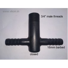 Long sized T (Tee) Connector with 3/4 inch Male inlet and  16mm barbed ends